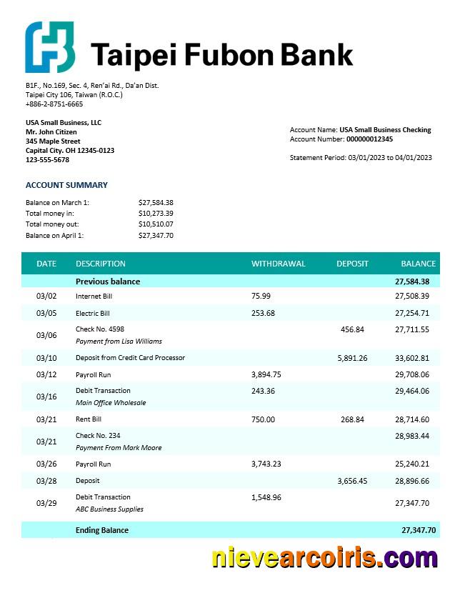 Taipai Fubon Bank corporate checking account statement